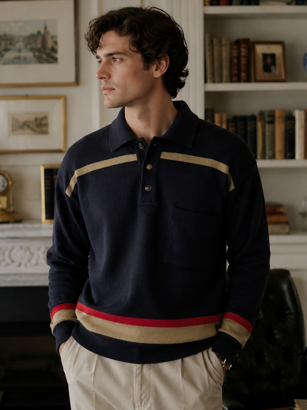 Vintage Italian Wool Blend Knit Polo Sweater Navy Made in Italy Men L Old Money